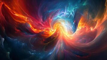 Abstract swirling fractal art. A mesmerizing blend of warm orange and red tones merging with cool blues and teals. Colors flow into vortex. photo
