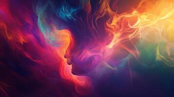 Abstract portrait of face enveloped in colorful swirling energy and light, creating a dreamlike and ethereal representation of thought. photo
