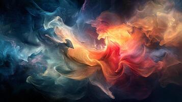 Vibrant and dynamic abstract art featuring swirling clouds of color, blending cool blues and warm oranges in a dreamlike composition. photo
