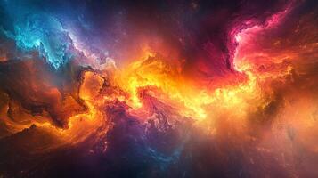 A mesmerizing vista of vibrant cosmic dust clouds swirling in hues of orange, yellow, pink, and blue, evoking a sense of celestial grandeur. photo