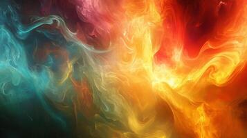 Abstract smoky background with fiery orange, yellow, and red on one side, and cool blue and green tones on the other, blending softly. photo
