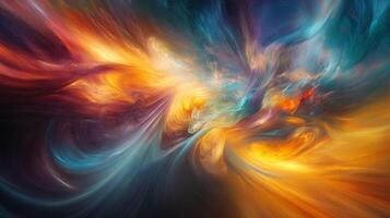 Vibrant fractal art bursts with blues, oranges, and purples. Swirling hues create a dynamic sense of movement and infinite complexity. photo
