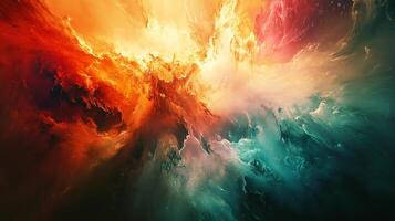 A vibrant abstract painting featuring dynamic flows of color, creating a visually striking and energetic composition with warm and cool tones. photo
