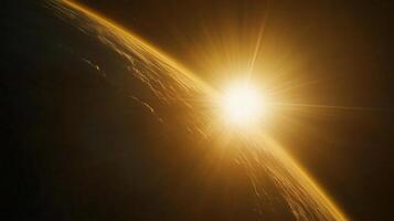 Brilliant sunlight streaks across the curved horizon of a planet, creating a warm, atmospheric glow in the vastness of space. photo