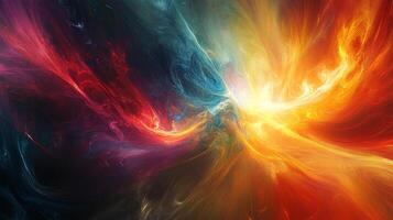 Abstract multicolored energy design with wispy, dynamic strokes in red, orange, blue, and yellow, creating a vibrant and mesmerizing effect. photo