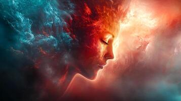 Surreal portrait of a person emerging from vibrant swirls of red, orange, and cool blue smoke, creating a dreamy and ethereal atmosphere. photo