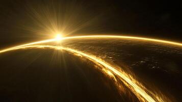 Golden cosmic sunrise illuminating a planet, creating a warm glow in the dark expanse. A serene and radiant celestial spectacle. photo