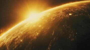 Sunrise over a planet, radiating warmth and light. The horizon glows, illuminating the terrain below with a golden hue. photo