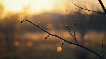 Delicate branch with buds against a blurred golden backdrop, symbolizing nature's quiet beauty and the promise of renewal. photo