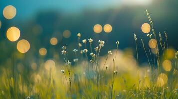 Idyllic meadow scene with wildflowers and blurred bokeh lights, capturing a serene and dreamlike atmosphere in a natural setting photo