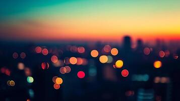 Abstract sunset cityscape with out-of-focus lights, creating a dreamy and atmospheric scene. Soft, blurred bokeh effect. photo