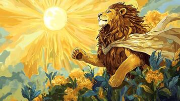 Lion king rises with cape, golden mane shines, sun blazing, over a field of flowers, a majestic and awe-inspiring sight to behold. photo