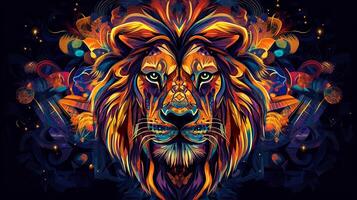 A vibrant, abstract artwork featuring a stylized lion's head with intricate details and colorful patterns against a dark background. photo