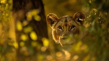 A majestic lioness gazes intently from behind lush foliage. Her golden eyes are captivating in the soft, warm light of the setting sun. photo