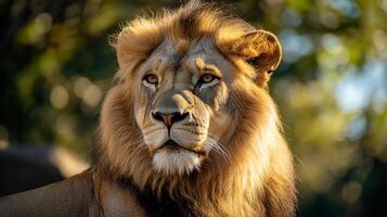 Majestic lion portrait with striking mane and intense gaze. Wildlife photography capturing the essence of nature's powerful predator. photo