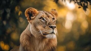 Portrait of a lioness with golden eyes, gazing alertly into the distance against a blurred background of green and golden light. photo