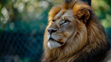 Majestic lion with a striking mane gazes off, embodying power and pride in a natural, lush background. The king of the beasts. photo