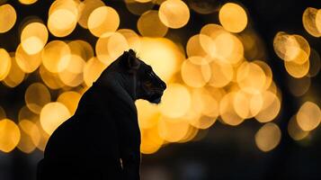Lioness silhouette against bokeh lights, creating an artistic and striking visual. The dark profile contrasts with the blurred background. photo