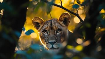 Lioness emerging from the shadows, a captivating glimpse of wildlife in its natural habitat. Golden light highlights majestic features. photo