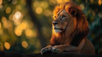Majestic Lion Portrait. Capturing the King of the Jungle with a Gaze Filled with Untamed Beauty and the Warm Glow of the Golden Hour photo