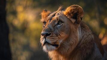 Lion's intense gaze captured in stunning detail. Witness the king of the jungle's power and grace in this portrait. Nature's beauty. photo