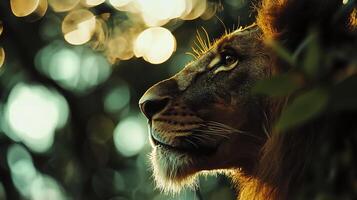 Lion's regal profile in a lush jungle setting. Illuminated by a soft, diffused light, capturing the majesty of nature. photo