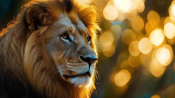 Magnificent lion portrait showcasing its powerful gaze and striking mane against a soft, warm background with glowing bokeh elements. photo