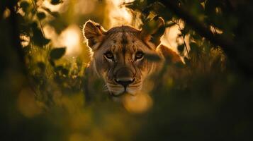 A lioness stares directly at the camera, with green foliage and golden light creating a wild, natural portrait. Regal predator. photo