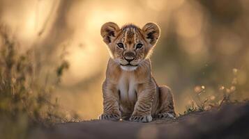 A regal and heartwarming portrait of a lion cub basking in the golden glow of the setting sun. Innocent curiosity radiates from its gaze. photo