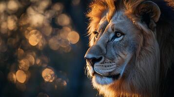 Majestic lion portrait with sunlit bokeh background. The king of the jungle in profile, showcasing its regal features in golden light. photo