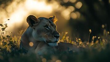 Lioness portrait. golden light illuminating her face, creating a serene yet powerful image in the African wilderness. Majesty in repose. photo