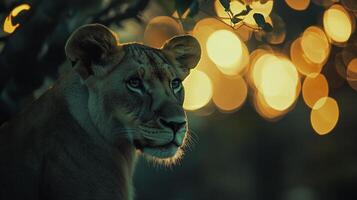 Lioness portrait with a dreamy bokeh background, looking pensive and regal against the blurred lights of the African wilderness. photo
