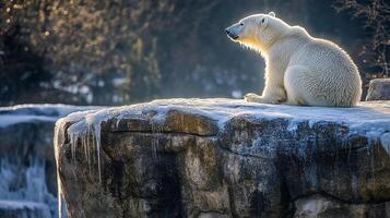 Majestic polar bear perched on a rocky, icy ledge in winter sunlight, surveying its arctic domain with regal poise and a hint of warmth. photo