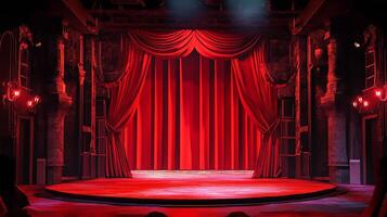A vibrant stage bathed in red light, with heavy red curtains and ornate detailing, ready for a theatrical performance. photo
