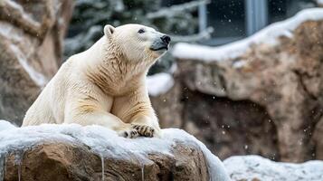 Polar bear rests majestically atop a snow-covered rock, gazing upward amidst a backdrop of falling snow. Winter wildlife at its finest. photo
