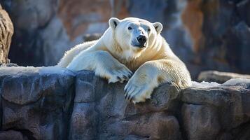 Polar bear rests on a rock surface, its white fur contrasting with the textures of the rocks and hints of ice, in a staged enclosure. photo
