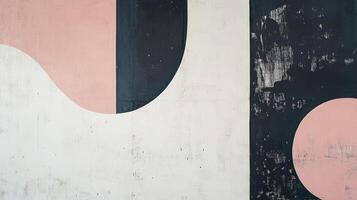 Abstract painting with geometric shapes. pink semicircle and rectangle, and black semicircle and rectangle on a white distressed background. photo