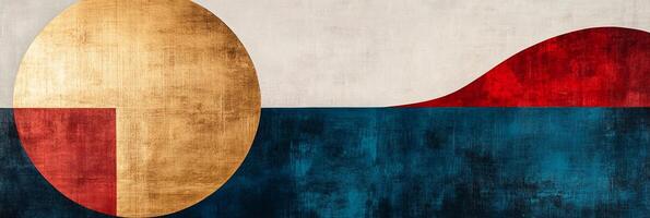 Abstract artwork with gold circle, blue field, and red wave. Modern and minimalist design showcases bold colors and geometric shapes. photo