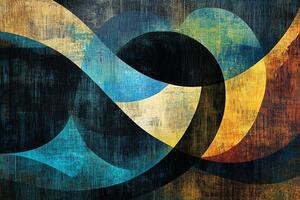 Dynamic interplay of curved shapes in an abstract painting, featuring textured layers and a rich color palette on dark background. photo