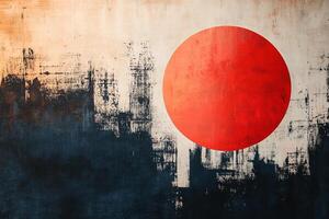 A red circle contrasts with textured dark blue and beige background in this abstract art piece, creating visual tension and depth. photo