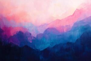 Painted mountain range with a vibrant pink and blue color palette creating a serene and captivating atmospheric perspective. photo