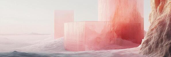 Abstract geometric structures amidst a misty, dreamlike landscape, with soft pink hues and textured surfaces creating a surreal atmosphere. photo