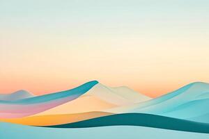 Abstract landscape with smooth, flowing, colorful dunes. The sky is a soft gradient from light blue to warm orange hues. photo