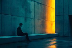 A solitary figure sits contemplatively in a minimalist space, bathed in contrasting light and shadow. Concrete textures add depth. photo