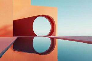 Minimalist architecture featuring a circular opening reflecting in calm water under a clear sky. Serene and modern design. photo