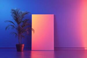 Indoor studio scene with a plant, a blank frame, and blue-pink color scheme. The scene is abstract and modern, with a minimalist feel. photo