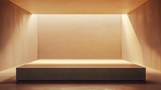 Minimalist platform in an empty room with light streaming in, creating a serene and modern display space. Abstract room for objects. photo