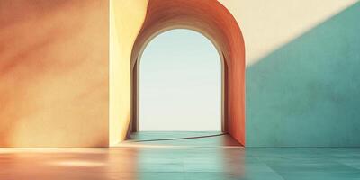 Minimalist arched doorway framing bright light. Warm and cool colors create a tranquil, serene space. Modern and architectural lines. photo