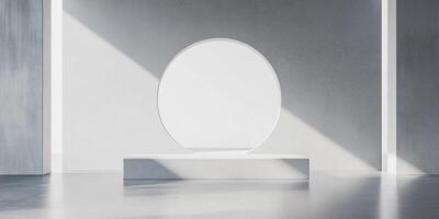 Minimalist presentation space with a bright circular portal set on a cubic base against a textured wall, lit by soft, directional lighting. photo