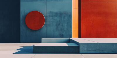 Architectural composition featuring geometric shapes and vibrant colors. Concrete steps lead to colorful walls with a bold red circle. photo